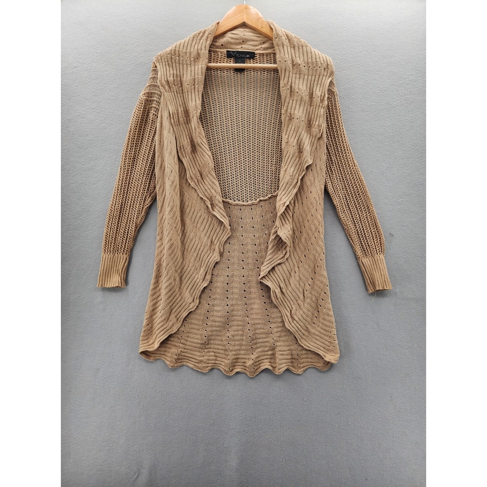 Venue Tan Open Front Cardigan Small Beige‎ Cotton Mesh Knit Draped Boho Sweater